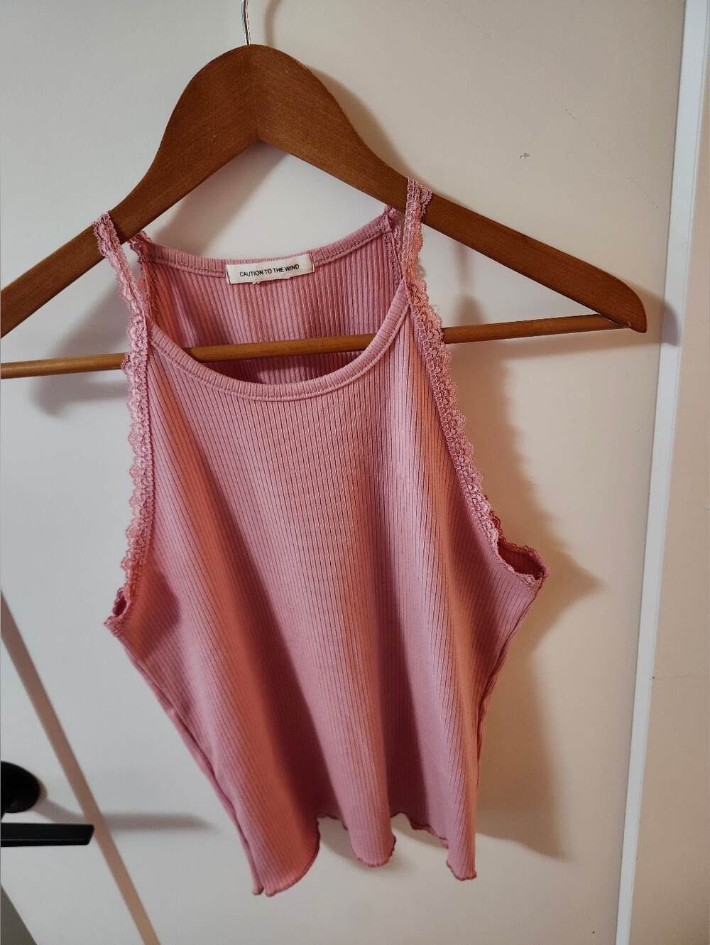 Caution To The Wind Pink Ribbed Lace-Trim Tank Top